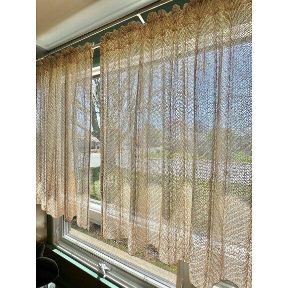 Vintage 70s curtain, cream tan oatmeal ombre wavy pattern, open weave, per panel - Picture 2 of 10